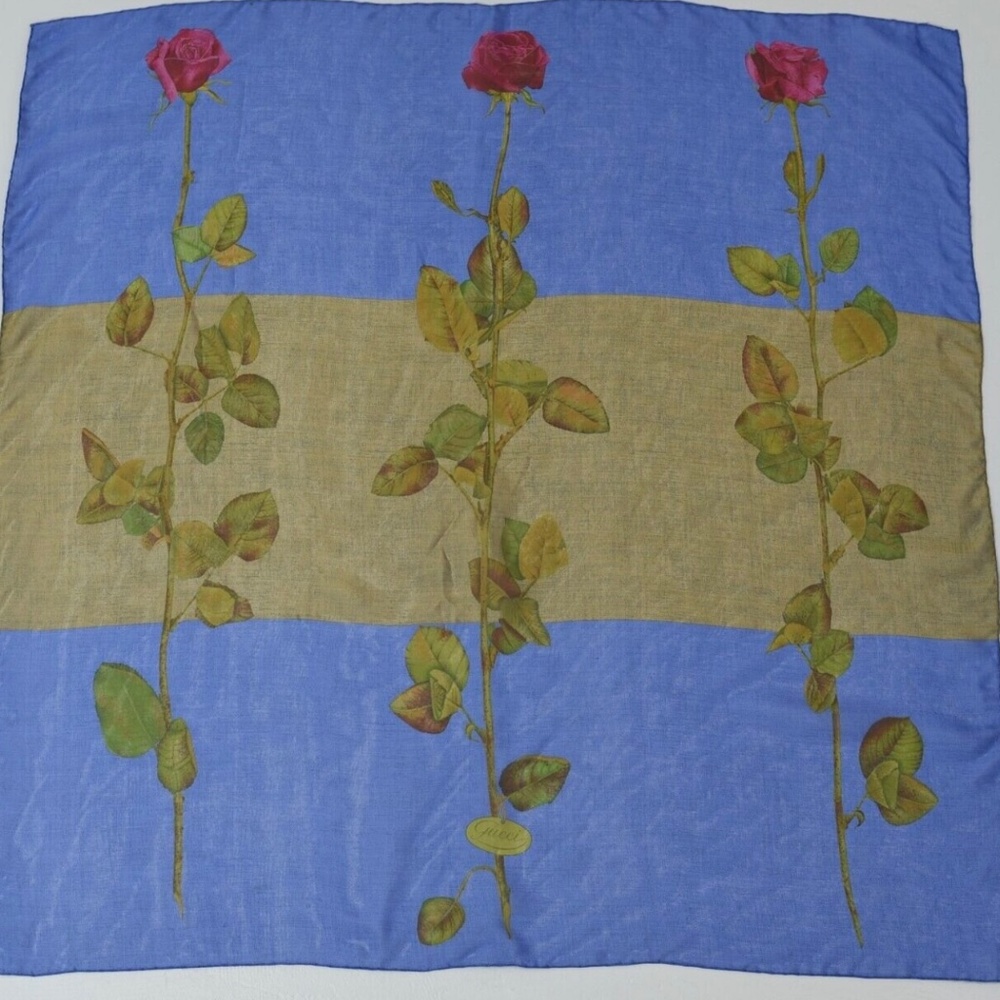 GUCCI Long Stemmed Rose Print Sheer Silk Scarf 34"x34" Gift Box NEW ORIGINAL